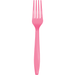 Single candy pink plastic fork with four tines and a long tapered handle against a white background.