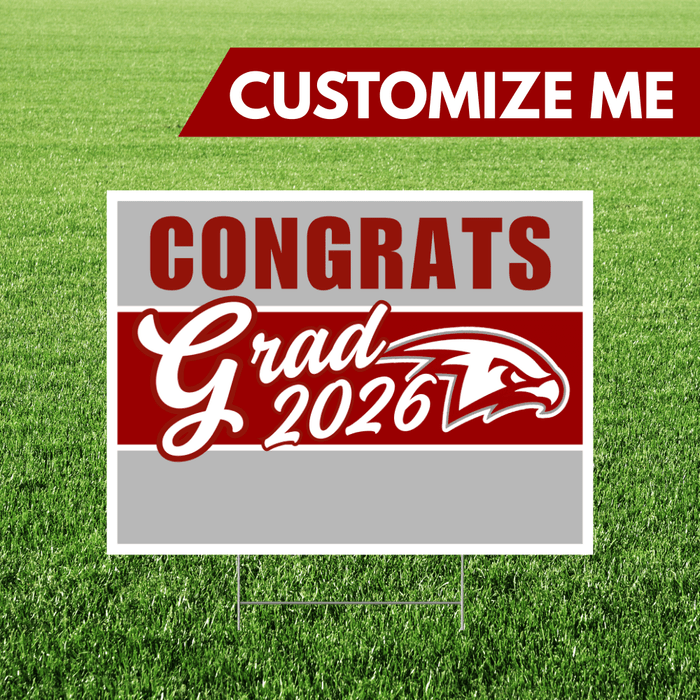 Graduation-themed customizable sign with 'Congrats Grad 2026' on a grass background