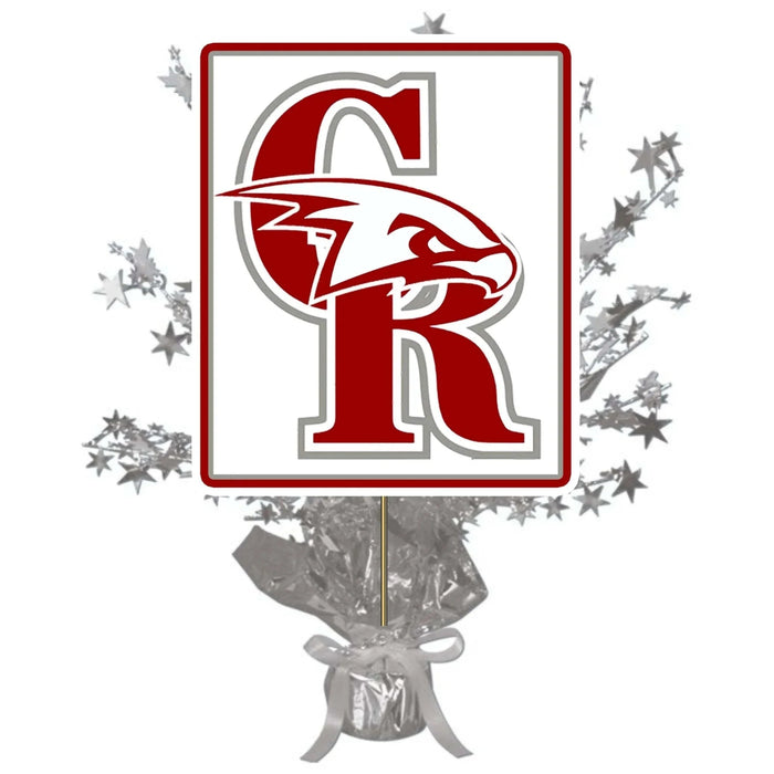 Red and gray "R" eagle logo centerpiece with silver star burst base and ribbon bow.