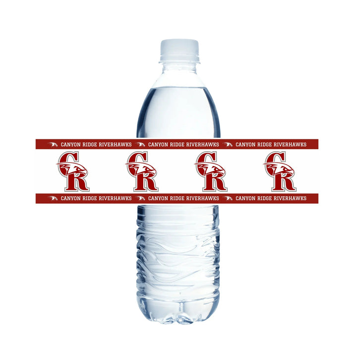Two plastic water bottles wrapped with red and white Canyon Ridge Riverhawks school spirit bands featuring the CR logo and repeated team name text.