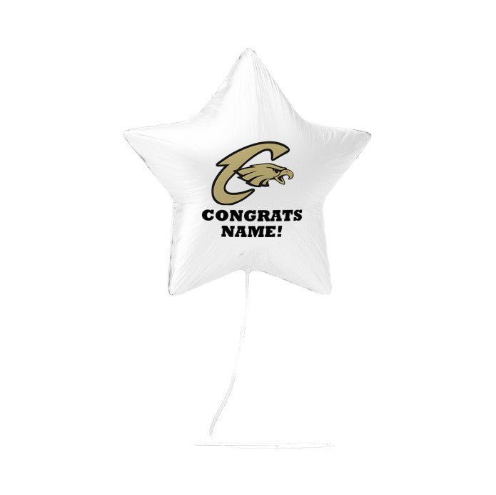 White star-shaped mylar balloon with a gold and tan ram logo and black text reading "CONGRATS NAME!" with a string attached.