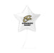 White star-shaped mylar balloon with a gold and tan ram logo and black text reading "CONGRATS NAME!" with a string attached.