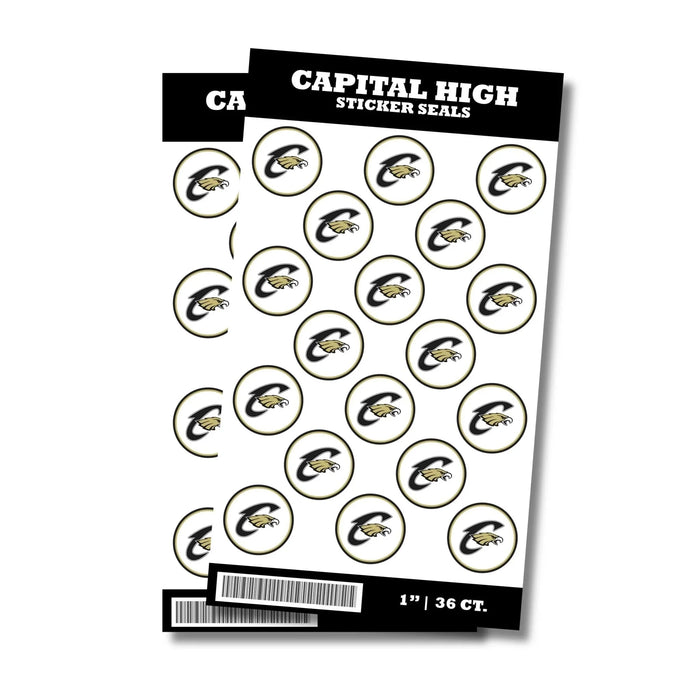 Sheet of 36 circular sticker seals featuring a gold and black eagle logo on white background, labeled Capital High CA Sticker Seals, each seal measuring 1 inch in diameter.