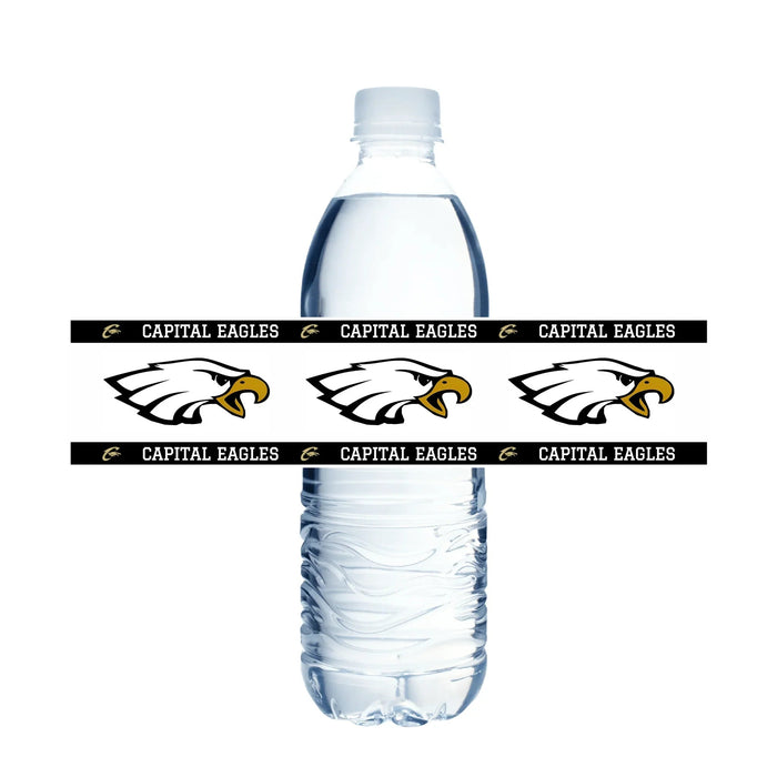 Capital Eagles water bottle labels featuring white eagle logos with gold accents and black text bands arranged in a repeating pattern around a plastic water bottle.