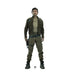 Male figure wearing olive-green military-style jacket and cargo pants with black boots, holding a blaster pistol at his side against a white background.