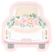 Pink car-shaped plate with white body, floral garland and "just married" text on top, and "LOVE" license plate at bottom.
