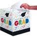 White card box decorated with colorful confetti, graduation caps, and ribbons, with "Congrats Grad" text in large multicolored letters, and a hand inserting a card through the slot on top.