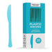 Caribbean blue heavy duty plastic knives displayed next to their turquoise packaging box labeled "Plastic Knives" with a count of 20 pieces.
