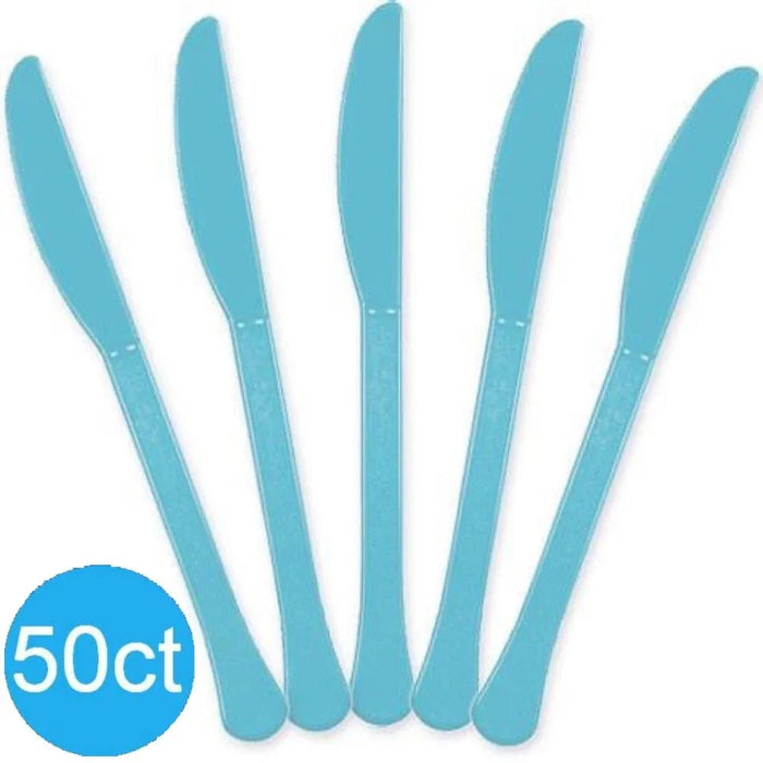 Five Caribbean blue plastic knives arranged in a fan pattern with a blue circle badge indicating 50 count.