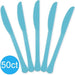 Five Caribbean blue plastic knives arranged in a fan pattern with a blue circle badge indicating 50 count.