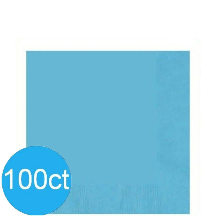 Stack of 100 count Caribbean blue lunch napkins displayed as a light blue rectangular package with a darker blue circular badge labeled "100ct" in the lower left corner.