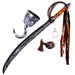 Five pirate costume accessories arranged on white: ornate curved sword with decorative blade, curved hook weapon with wrapped handle and dangling ribbons, gold ring, and brown skull medallion with rope bow.
