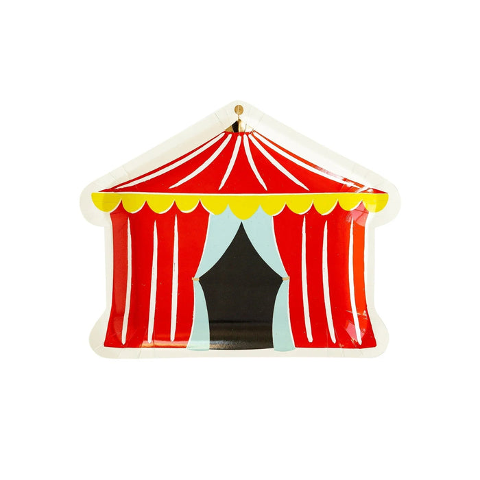Red and white striped carnival tent-shaped plates with a yellow scalloped trim and black entrance opening, displayed as a set of eight.