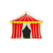 Red and white striped carnival tent-shaped plates with a yellow scalloped trim and black entrance opening, displayed as a set of eight.