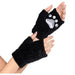 Black fuzzy fingerless gloves with white paw pad details on the back of each hand, worn on outstretched hands against a white background.
