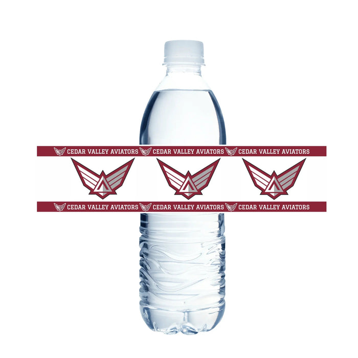 Clear plastic water bottle wrapped with maroon and white Cedar Valley Aviators decorative bands featuring winged logo symbols.
