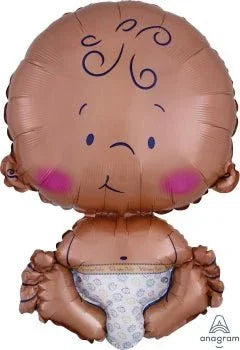 Brown foil balloon shaped like a smiling baby's head with curly hair, rosy cheeks, and a diaper, designed for baby shower celebrations.