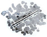 Silver metallic confetti cannon with black text and star designs, surrounded by scattered clear and silver confetti pieces on a white background.