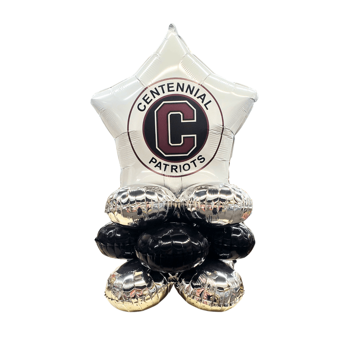 White star-shaped foil balloon with burgundy and cream Centennial Patriots logo on top, mounted on four gold and black round foil balloons at the base.
