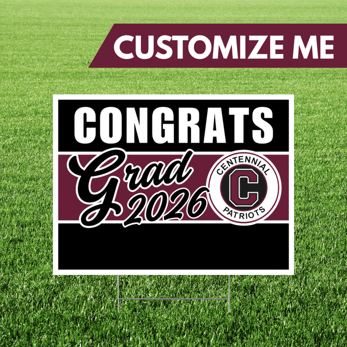 Graduation-themed customizable sign with 'Congrats Grad 2026' text on a grass background