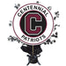 Maroon and black circular emblem reading "Centennial Patriots" with a large "C" logo, mounted on a black decorative base with silver stars surrounding the top.