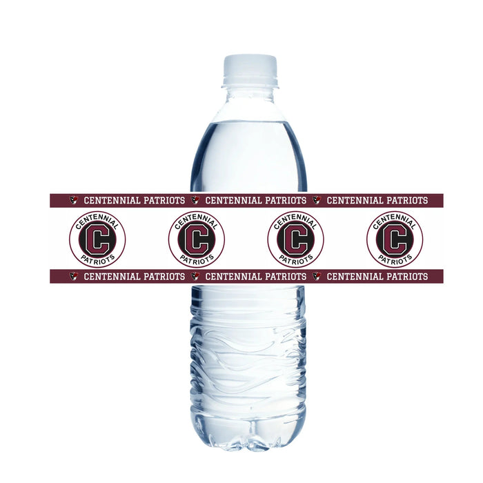 Two water bottles with burgundy and white Centennial Patriots logos and text bands wrapped around the middle section.
