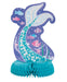 Purple and teal mermaid-shaped honeycomb centerpiece featuring glittery fins, small colorful fish, starfish, and seaweed details with a pleated teal base.