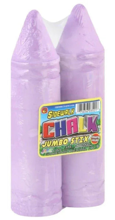 Two purple jumbo sidewalk chalk sticks with pointed tips, packaged together with a colorful yellow and red label.