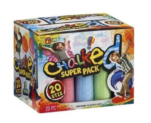 Colorful Chalked Super Pack box containing 20 pieces of chalk in pink, blue, and green cylinders with illustrated children playing on the packaging.