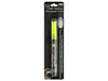 Fluorescent yellow chalk marker with gray cap and black barrel displayed on black packaging with product details and usage instructions.