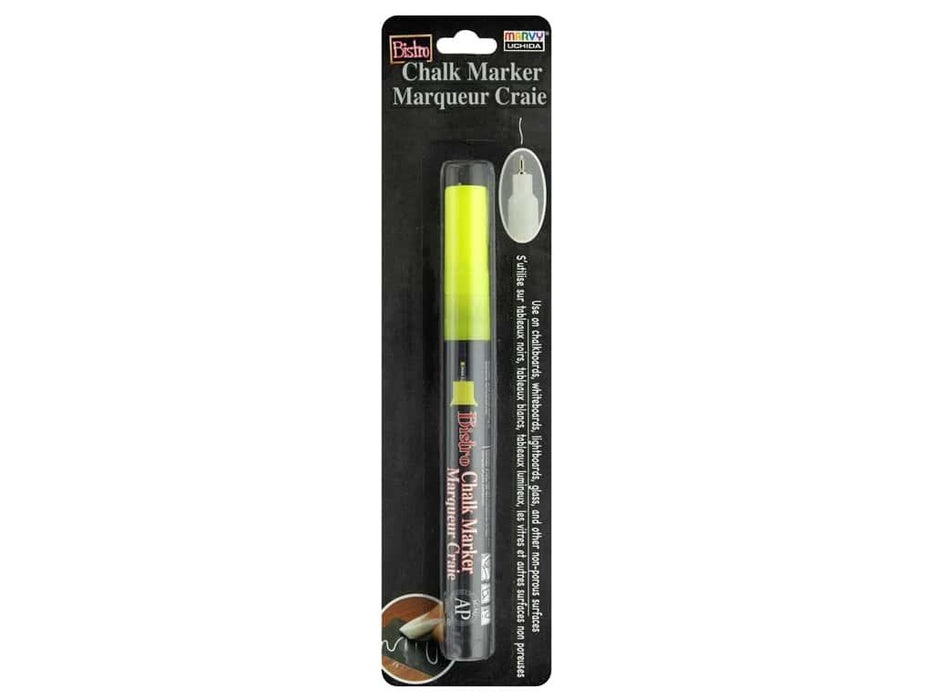Fluorescent yellow chalk marker with gray cap and black barrel displayed on black packaging with product details and usage instructions.