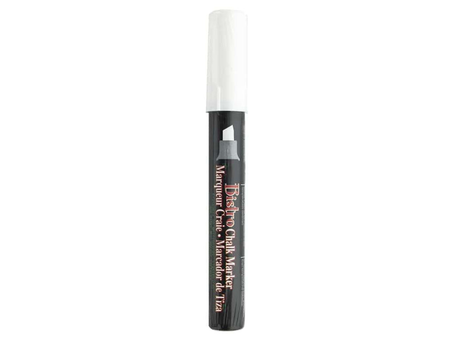 Black cylindrical chalk marker with white cap and tip, displaying gold text on the barrel reading "Bistro Chalk Marker" and product details.
