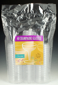 Clear plastic champagne flutes in a sealed package labeled "Champagne Glasses" with yellow and blue graphics showing a filled glass.