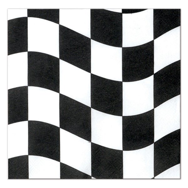 Black and white checkered flag pattern beverage napkins with a wavy three-dimensional appearance, pack of 18.
