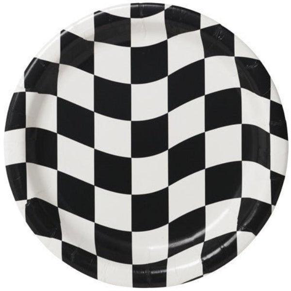 Round black and white checkered paper plate with alternating squares creating a classic racing flag pattern.