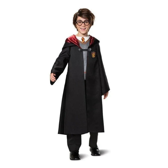 Child wearing round glasses and a black wizard robe with burgundy-lined hood over a gray sweater, styled as a classic wizard costume.