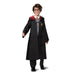 Child wearing round glasses and a black wizard robe with burgundy-lined hood over a gray sweater, styled as a classic wizard costume.