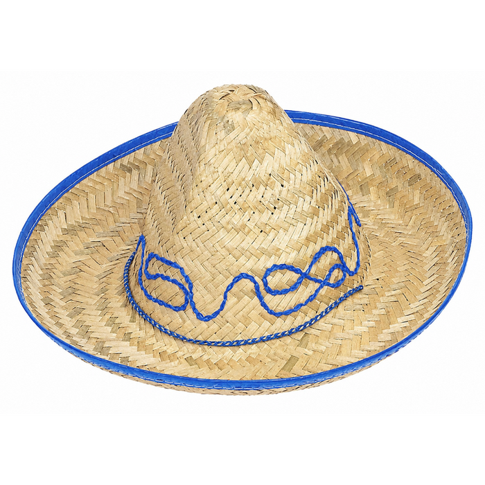 Natural woven straw sombrero with wide brim, blue fabric trim around edges, and blue decorative embroidered details across the crown.