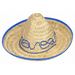Natural woven straw sombrero with wide brim, blue fabric trim around edges, and blue decorative embroidered details across the crown.