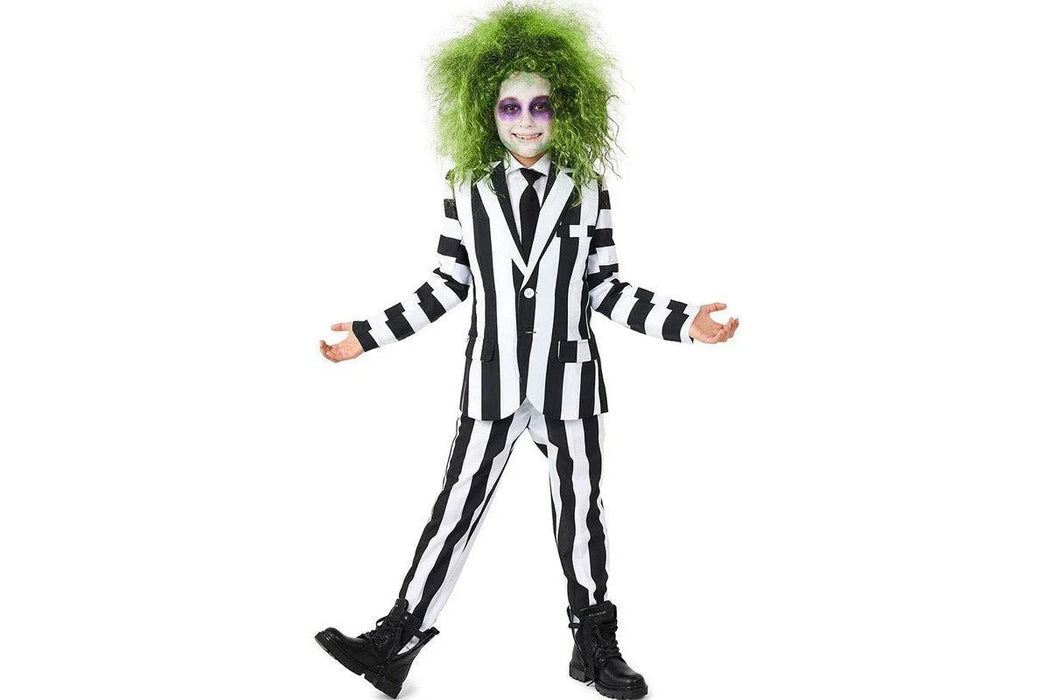 Child's black and white vertical striped suit costume with lime green wild hair wig, pale face makeup with purple eye shadow, and black boots.