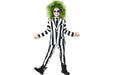 Child's black and white vertical striped suit costume with lime green wild hair wig, pale face makeup with purple eye shadow, and black boots.