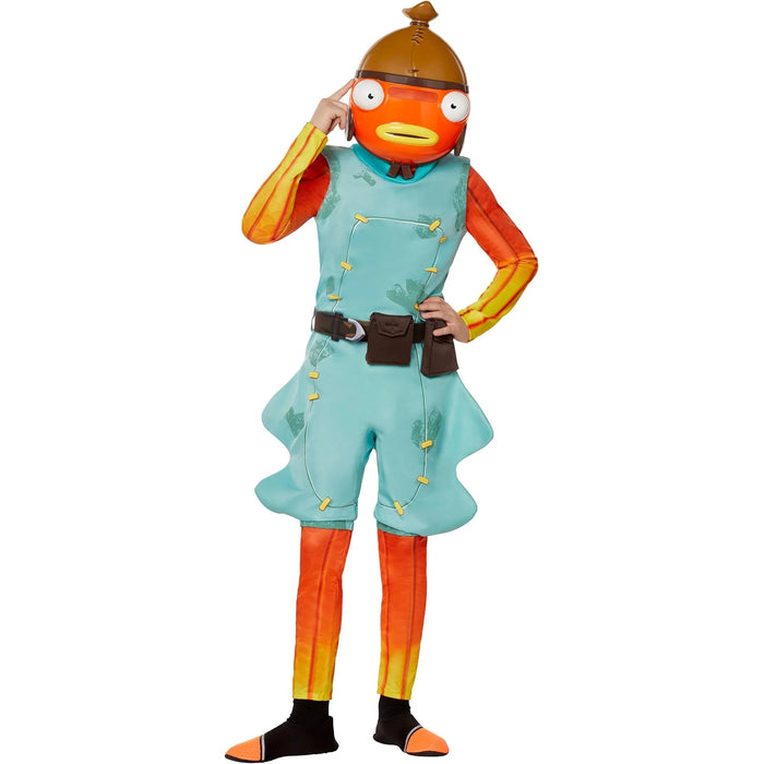Child's costume with orange fish-shaped head mask, turquoise tunic with gold button details, brown utility belt, red and yellow striped leg warmers, and brown helmet headpiece.