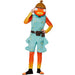 Child's costume with orange fish-shaped head mask, turquoise tunic with gold button details, brown utility belt, red and yellow striped leg warmers, and brown helmet headpiece.