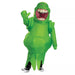 Bright green inflatable costume with a large round body, featuring a grinning character head with red mouth, wide eyes, and textured details, worn with black sneakers.
