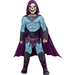 Child Skeletor Deluxe Costume featuring a blue muscle chest jumpsuit, purple hooded cape, Skeletor skull mask, printed armor, wrist gauntlets, and boot covers inspired by the iconic Masters of the Universe villain.