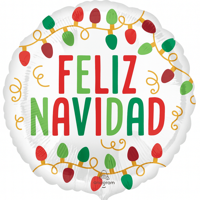 Round white mylar balloon decorated with colorful Christmas light garland designs in red, green, and gold, featuring large "FELIZ NAVIDAD" text in red and green letters.