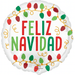 Round white mylar balloon decorated with colorful Christmas light garland designs in red, green, and gold, featuring large "FELIZ NAVIDAD" text in red and green letters.