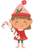 Illustrated Christmas elf character wearing a pink pointed hat with holly decoration, red dress, green leggings, and pink boots while holding a red and white candy cane.