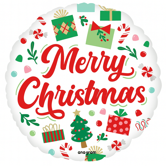 White round mylar balloon decorated with red "Merry Christmas" text surrounded by illustrated gifts, candy canes, ornaments, holly leaves, a Christmas tree, and peppermints in red, green, and gold.