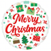 White round mylar balloon decorated with red "Merry Christmas" text surrounded by illustrated gifts, candy canes, ornaments, holly leaves, a Christmas tree, and peppermints in red, green, and gold.